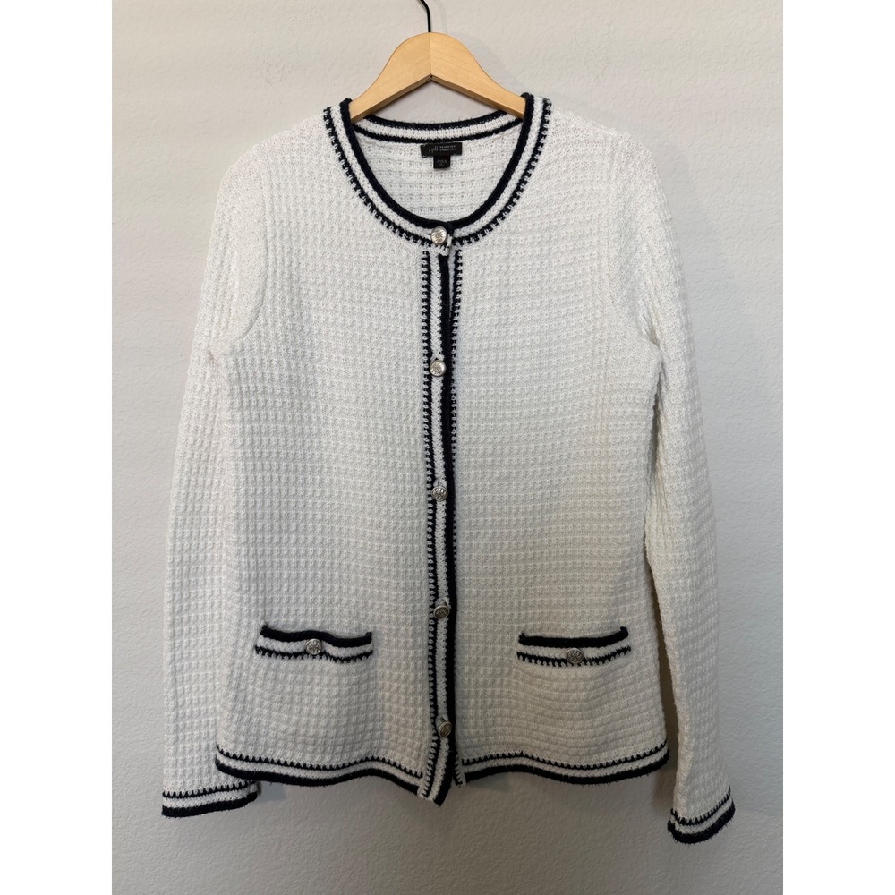 J Jill Wearever White Navy Textured Knit Cardigan Sweater S Tall Nautical - Picture 3 of 15